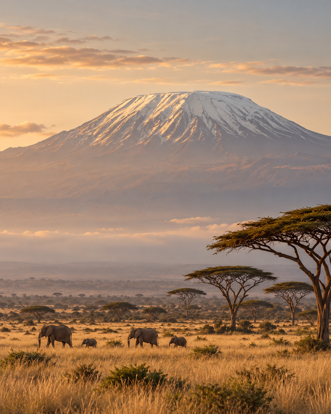 Elefantes en la sabana dorada con acacias y la cumbre nevada del Kilimanjaro al fondo