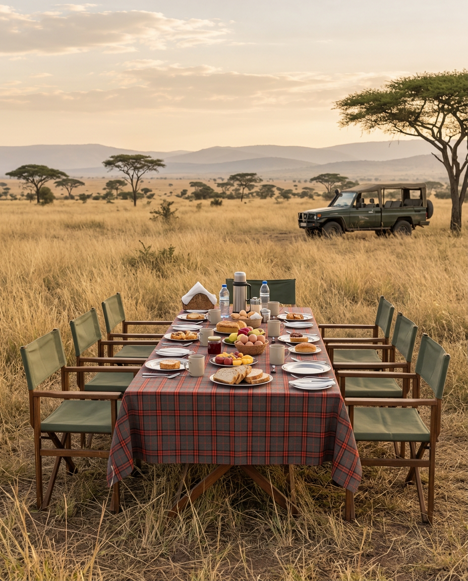 Mesa rectangular preparada para un grupo, con mantel a cuadros rojos apagados, sillas de safari y desayuno en la sabana, con un 4×4 al fondo
