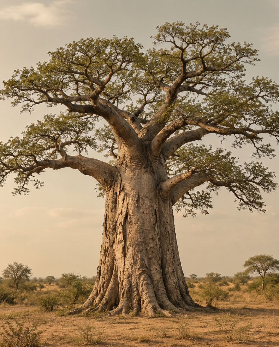 Un baobab ancestral de tronco imponente y corteza marcada, arraigado en la tierra de la sabana bajo una luz cálida suave